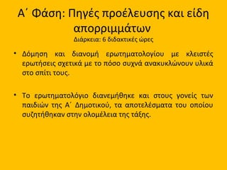 Α΄ Φάση: Πηγές προέλευσης και είδη
απορριμμάτων
Διάρκεια: 6 διδακτικές ώρες
• Δόμηση και διανομή ερωτηματολογίου με κλειστές
ερωτήσεις σχετικά με το πόσο συχνά ανακυκλώνουν υλικά
στο σπίτι τους.
• Το ερωτηματολόγιο διανεμήθηκε και στους γονείς των
παιδιών της Α΄ Δημοτικού, τα αποτελέσματα του οποίου
συζητήθηκαν στην ολομέλεια της τάξης.
 