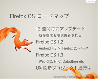Firefox OS ロードマップ
12 週間毎にアップデート
既存端末も順次更新される

Firefox OS 1.2
Android 4.3 × Firefox 26 ベース

Firefox OS 1.3
WebRTC, NFC, DataStore etc

UX 刷新プロジェクト進行中
https://wiki.mozilla.org/B2G/Roadmap

 