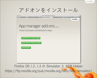アドオンをインストール

Firefox OS 1.2, 1.3 の Simulator と ADB Helper
https://ftp.mozilla.org/pub/mozilla.org/labs/fxos-simulator/

 