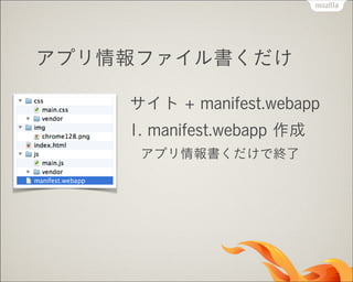 アプリ情報ファイル書くだけ
サイト + manifest.webapp
1. manifest.webapp 作成
アプリ情報書くだけで終了

 