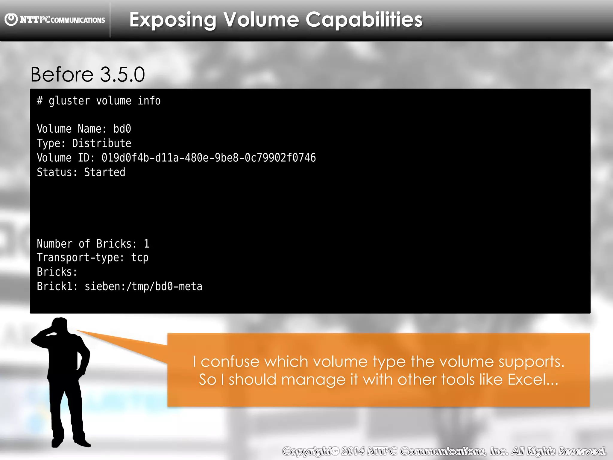 Copyright （C）  2014, NTTPC Communications, Inc. All Rights Reserved. 20　
# gluster volume info
Volume Name: bd0
Type: Distribute
Volume ID: 019d0f4b-d11a-480e-9be8-0c79902f0746
Status: Started
Number of Bricks: 1
Transport-type: tcp
Bricks:
Brick1: sieben:/tmp/bd0-meta
Exposing Volume Capabilities
I confuse which volume type the volume supports.
So I should manage it with other tools like Excel...
Before 3.5.0
 