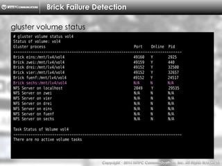 Copyright （C）  2014, NTTPC Communications, Inc. All Rights Reserved. 38　
Brick Failure Detection
# gluster volume status vol4
Status of volume: vol4
Gluster process Port Online Pid
------------------------------------------------------------------------------
Brick eins:/mnt/lv4/vol4 49160 Y 2925
Brick zwei:/mnt/lv4/vol4 49159 Y 440
Brick drei:/mnt/lv4/vol4 49152 Y 32500
Brick vier:/mnt/lv4/vol4 49152 Y 32657
Brick fuenf:/mnt/lv4/vol4 49152 Y 24517
Brick sechs:/mnt/lv4/vol4 N/A N N/A
NFS Server on localhost 2049 Y 29535
NFS Server on zwei N/A N N/A
NFS Server on vier N/A N N/A
NFS Server on drei N/A N N/A
NFS Server on eins N/A N N/A
NFS Server on fuenf N/A N N/A
NFS Server on sechs N/A N N/A
Task Status of Volume vol4
------------------------------------------------------------------------------
There are no active volume tasks
gluster volume status
 
