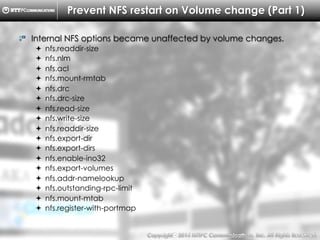 Copyright （C）  2014, NTTPC Communications, Inc. All Rights Reserved. 59　
Prevent NFS restart on Volume change (Part 1)
!   Internal NFS options became unaffected by volume changes.
!  nfs.readdir-size
!  nfs.nlm
!  nfs.acl
!  nfs.mount-rmtab
!  nfs.drc
!  nfs.drc-size
!  nfs.read-size
!  nfs.write-size
!  nfs.readdir-size
!  nfs.export-dir
!  nfs.export-dirs
!  nfs.enable-ino32
!  nfs.export-volumes
!  nfs.addr-namelookup
!  nfs.outstanding-rpc-limit
!  nfs.mount-mtab
!  nfs.register-with-portmap
 