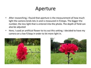 Aperture
• After researching, I found that aperture is the measurement of how much
light the camera lends lets in and is measured in F/stops. The bigger the
number, the less light that is entered into the photo. The depth of field can
also be adjusted
• Here, I used an artificial flower to try out this setting. I decided to have my
camera on a low F/stop in order to let more light in.
 