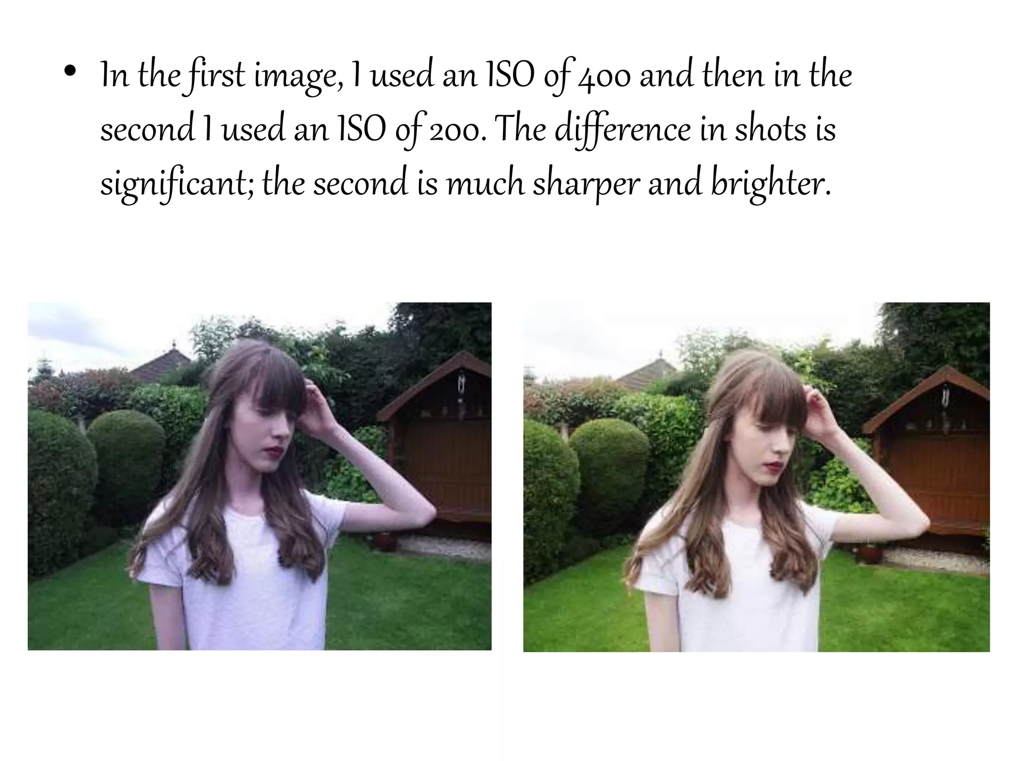 • In the first image, I used an ISO of 400 and then in the
second I used an ISO of 200. The difference in shots is
significant; the second is much sharper and brighter.
 