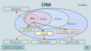 @pati_gallardo
TurtleSec
NS(User)
NS(Pid)NS(Net)Web
Network
Filesystem System Calls
chroot seccomp, capset
Resources
setrl...