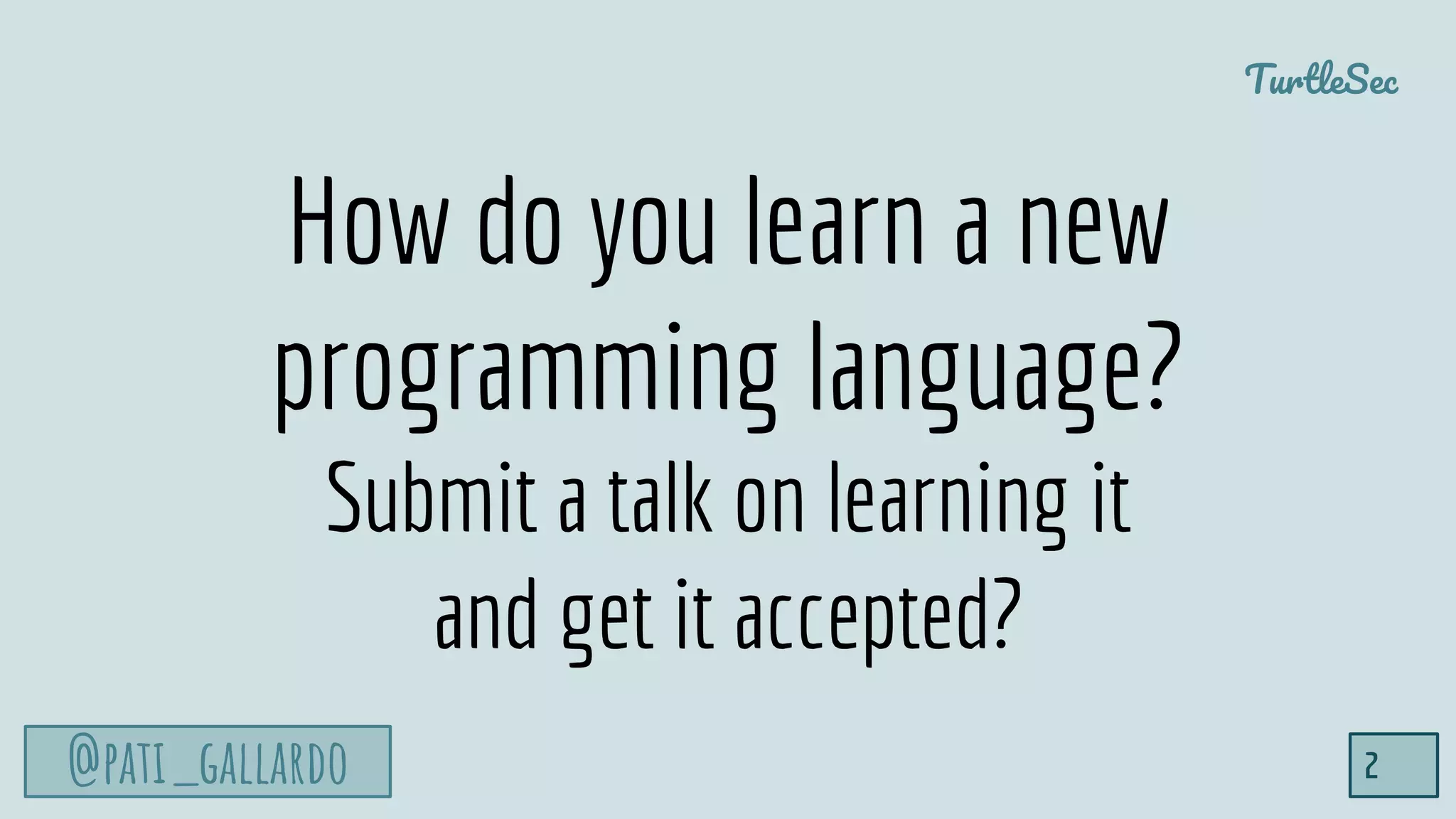 @pati_gallardo
TurtleSec
2
How do you learn a new
programming language?
Submit a talk on learning it
and get it accepted?
 