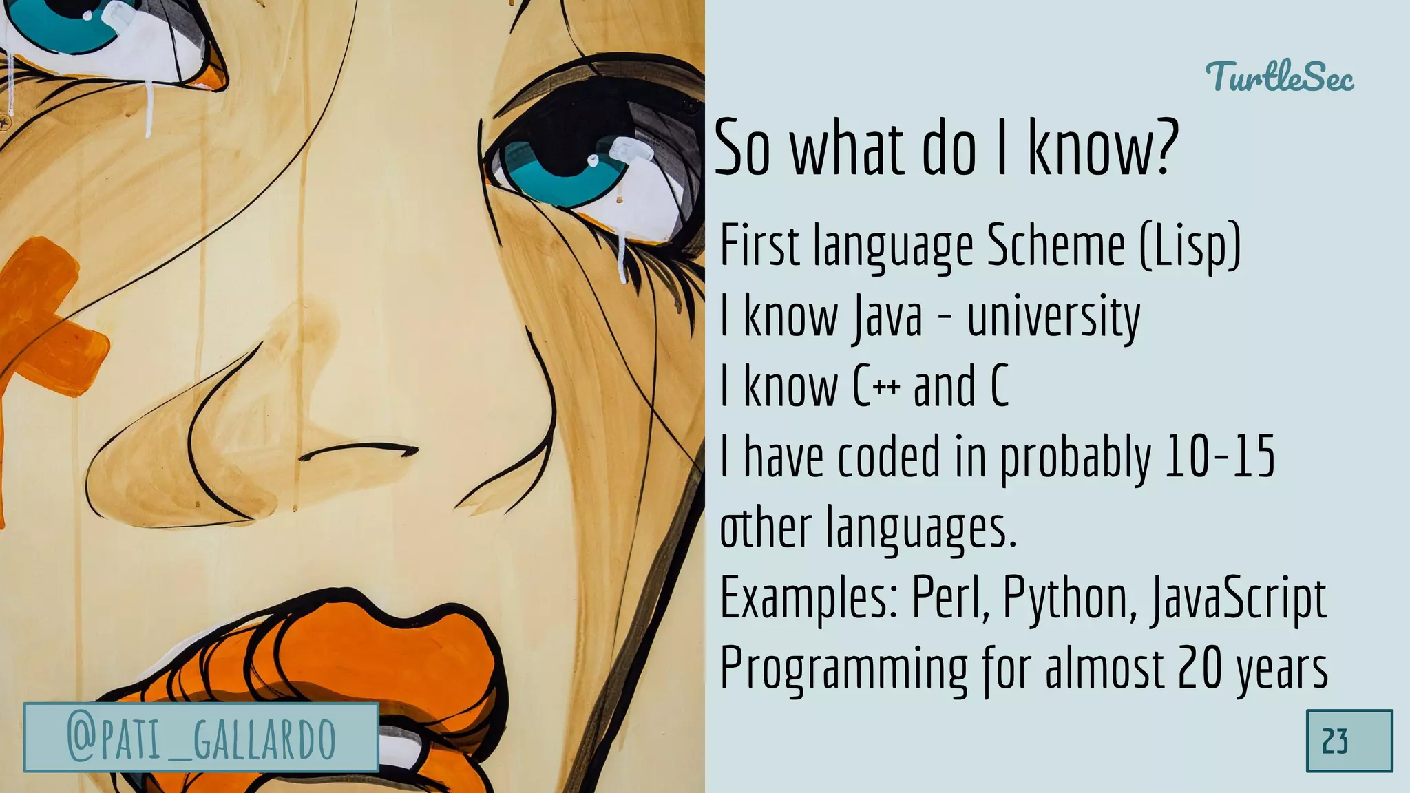 @pati_gallardo
TurtleSec
23@pati_gallardo
First language Scheme (Lisp)
I know Java - university
I know C++ and C
I have coded in probably 10-15
other languages.
Examples: Perl, Python, JavaScript
Programming for almost 20 years
So what do I know?
 