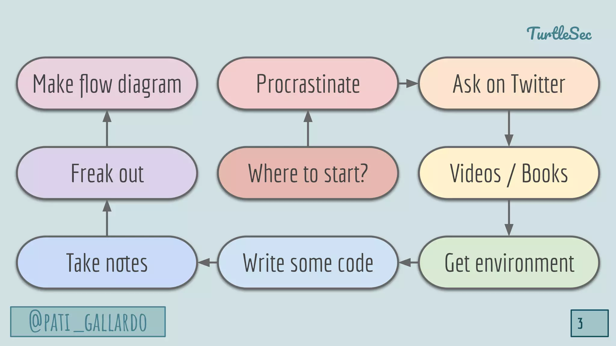 @pati_gallardo
TurtleSec
3
Where to start?
Write some code Get environmentTake notes
Videos / BooksFreak out
Procrastinate Ask on TwitterMake ﬂow diagram
 