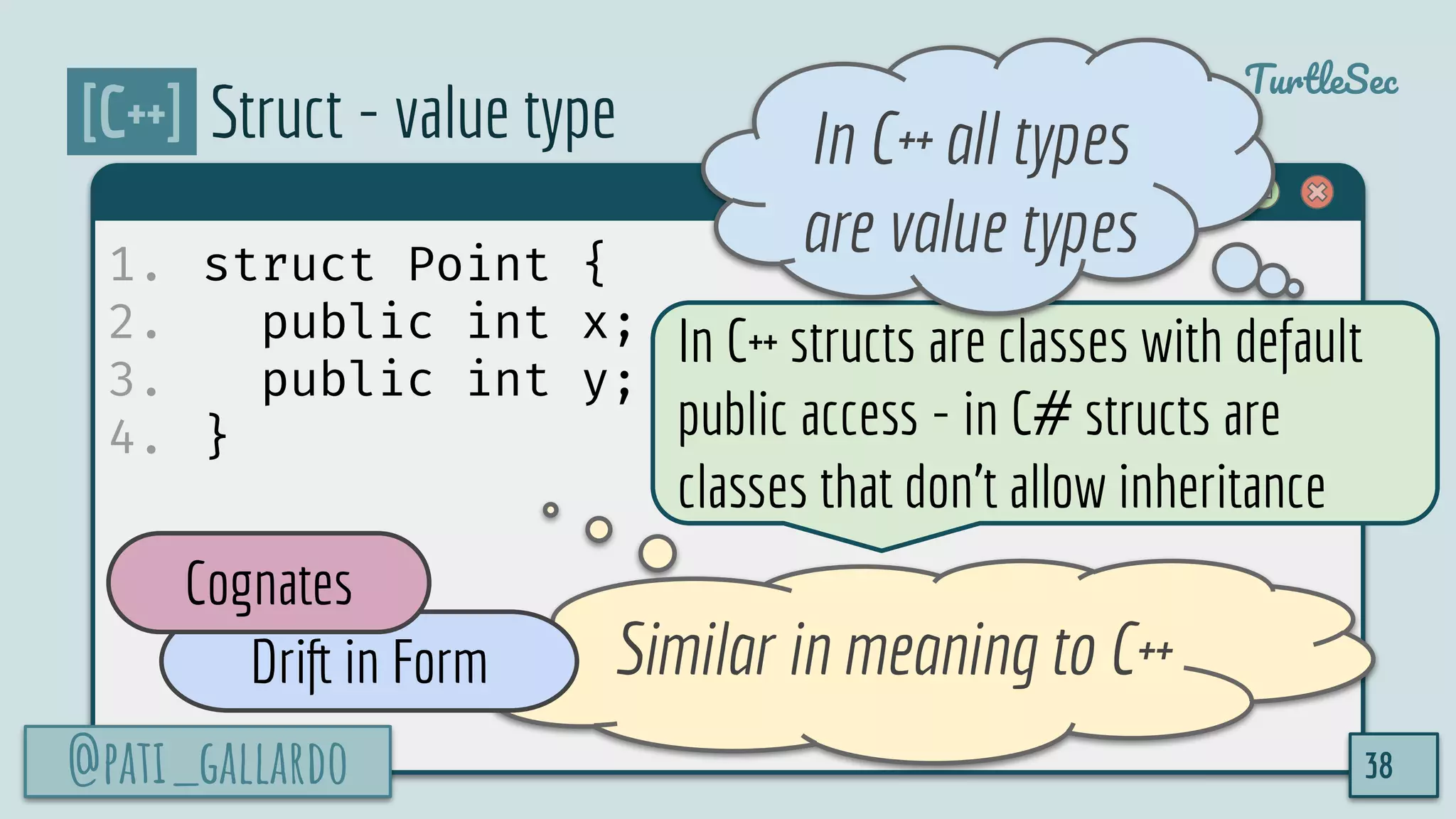 @pati_gallardo
TurtleSec
[C++] Struct - value type
1. struct Point {
2. public int x;
3. public int y;
4. }
@pati_gallardo 38
Similar in meaning to C++Drift in Form
In C++ structs are classes with default
public access - in C# structs are
classes that don’t allow inheritance
In C++ all types
are value types
Cognates
 