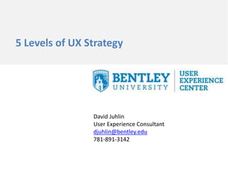 5 Levels of UX Strategy
David Juhlin
User Experience Consultant
djuhlin@bentley.edu
781-891-3142
 