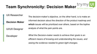 The decision-maker’s objective, on the other hand, is to make an
informed decision about the direction of the product roadmap and
which issues will be prioritized over others, based on the topline
analysis of what the pain points are.
What the Decision-maker needs to achieve their goals is an
efficient means of knowing and understanding the issues, and
seeing the evidence needed to green-light changes.
UX Researcher
Decision Maker
UI/UX Designer
Developer
Team Synchronicity: Decision Maker
 