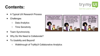 Contents:
● A Typical UX Research Process
● Challenges
○ Data Analytics
○ Time Sensitivity
● Team Synchronicity
● Why Do We Need to Collaborate?
● To Usability and Beyond!
○ Walkthrough of TryMyUI Collaborative Analytics
 