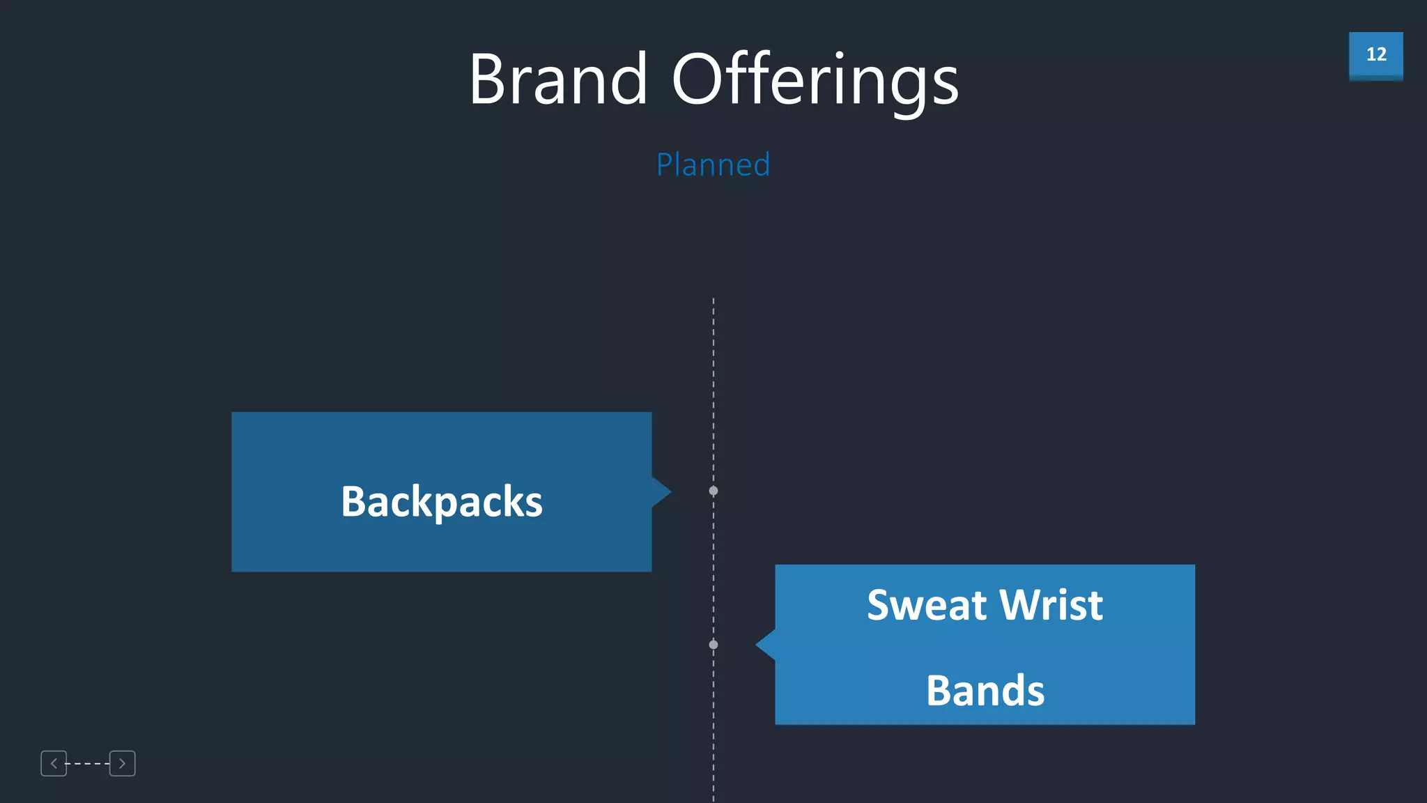 12
Planned
Brand Offerings
Backpacks
Sweat Wrist
Bands
 