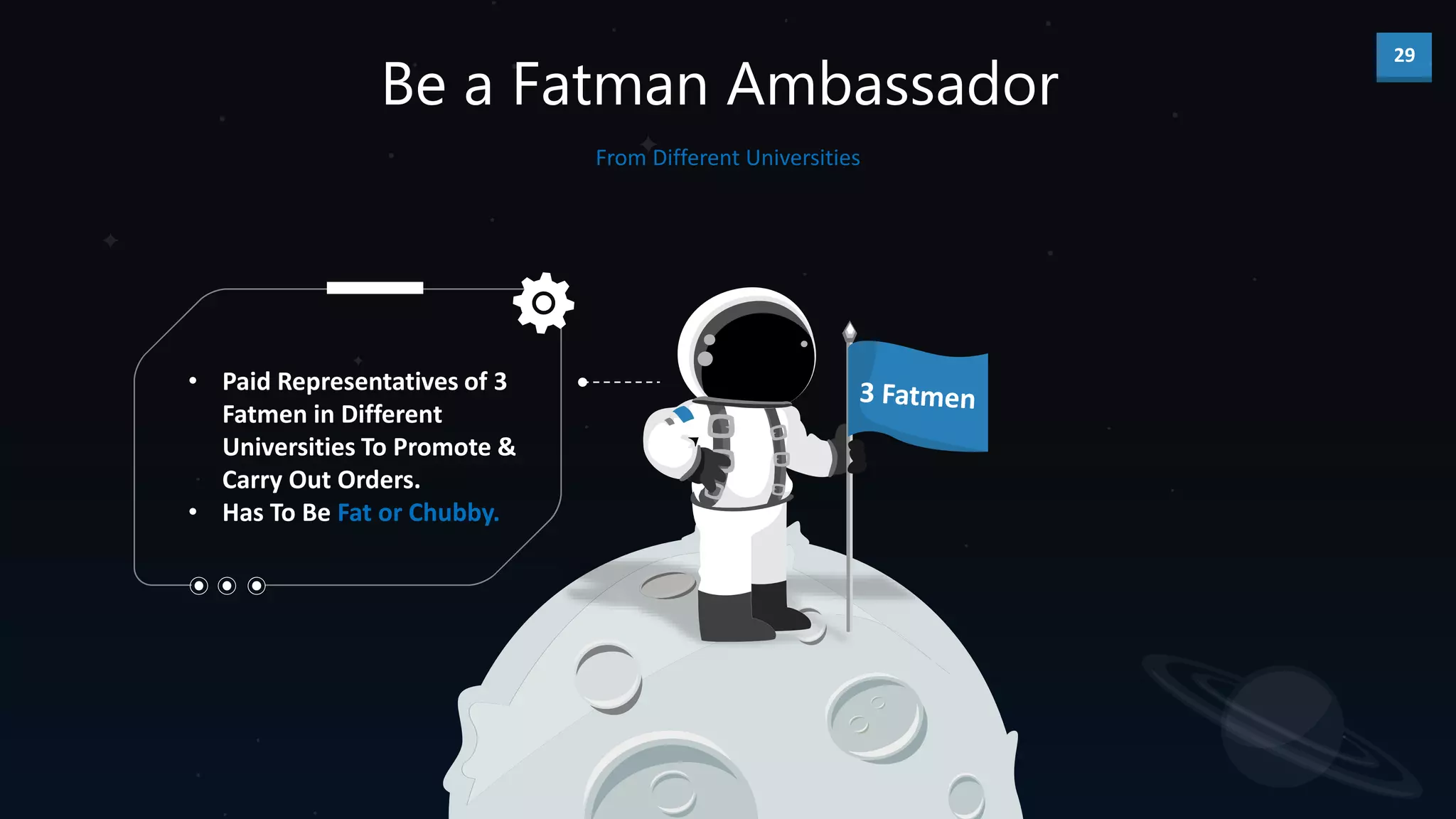 29
From Different Universities
Be a Fatman Ambassador
• Paid Representatives of 3
Fatmen in Different
Universities To Promote &
Carry Out Orders.
• Has To Be Fat or Chubby.
 