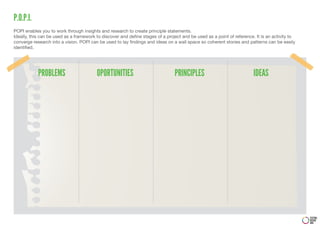 P.O.P.I.
POPI enables you to work through insights and research to create principle statements.
Ideally, this can be used as a framework to discover and define stages of a project and be used as a point of reference. It is an activity to
converge research into a vision. POPI can be used to lay findings and ideas on a wall space so coherent stories and patterns can be easily
identified.




            PROBLEMS                     OPORTUNITIES                           PRINCIPLES                              IDEAS




                                                                                                                                                FESTIVAL
                                                                                                                                                DESIGN
                                                                                                                                                DNA
 