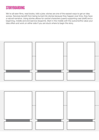STORYBOARDING
We’ve all seen films, read books, told a joke; stories are one of the easiest ways to get an idea
across. Services benefit from being turned into stories because they happen over time, they have
a natural narrative. Using stories allows for central characters (users) supporting cast (staff) and a
beginning, middle and end (service blueprint). Start in the middle with the outcome/the value your
idea offers and work on either side if you are stuck where to begin the story.
 