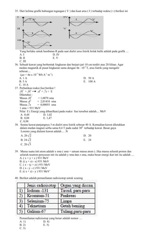 35. Dari kelima grafik hubungan tegangan ( V ) dan kuat arus ( I ) terhadap waktu ( t ) berikut ini

Yang berlaku untuk hambatan R pada saat dialiri arus listrik bolak balik adalah pada grafik ....
A. I
D. IV
B. II
E. V
C. III
36. Sebuah kawat yang berbentuk lingkaran dan berjari-jari 10 cm terdiri atas 20 lilitan. Agar
medan magnetik di pusat lingkaran sama dengan 4π . 10-3 T, arus listrik yang mengalir
sebesar....
(o = 4π x 10-7 Wb A-1 m-1)
A. 1 A
D. 50 A
B. 5 A
E. 100 A
C. 10 A
37. Perhatikan reaksi fusi berikut !
1
1
2
0
1H + 1H
1d + 1 e + E
Diketahui :
Massa 1H1
= 1,0078 sma
Massa 1d2
= 2,01410 sma
Massa 10e
= 0,00055 sma
1 sma = 931 MeV
Nilai E ( Energi yang dihasilkan) pada reaksi fusi tersebut adalah.... MeV
A. 0,44
D. 1,02
B. 0,88
E. 1,47
C. 0,98
38. Seutas kawat panjangnya 3 m dialiri arus listrik sebesar 40 A. Kemudian kawat diletakkan
dalam medan magnet serba sama 0,4 T pada sudut 300 terhadap kawat. Besar gaya
Lorentz yang dialami kawat adalah ... .N
A. 20 2
D. 20
B. 24 2
E. 24
C. 20 3
39. Massa suatu inti atom adalah x sma ( sma = satuan massa atom ). Jika massa seluruh proton dan
seluruh neutron penyusun inti itu adalah y sma dan z sma, maka besar energi ikat inti itu adalah ....
A. ( x + y + z ) 931 MeV
B. (( y + z) - x) 931 MeV
C. ( x – (y + z) ) 931 MeV
D. ( x - y - z ) 931 MeV
E. (( x + z) - y ) 931 MeV`
40. Berikut adalah pemanfaatan radioisotop untuk scaning

Pemanfaatan radioisotop yang benar adalah nomor ....
A. 1)
`
D. 4)
B. 2)
E. 5)
C. 3)

 