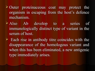  Outer proteinaceous coat may protect theOuter proteinaceous coat may protect the
organism in escaping from the host’s defenceorganism in escaping from the host’s defence
mechanism.mechanism.
 Also Ab develop to a series ofAlso Ab develop to a series of
immunologically distinct type of variant in theimmunologically distinct type of variant in the
serum of host.serum of host.
 Each rise in antibody titre coincides with theEach rise in antibody titre coincides with the
disappearance of the homologous variant anddisappearance of the homologous variant and
when this has been eliminated, a new antigenicwhen this has been eliminated, a new antigenic
type immediately arises.type immediately arises.
 