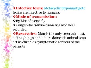 Infective form: Metacyclic trypomastigote
forms are infective to humans.
Mode of transmission:
By bite of tsetse fly
Congenital transmission has also been
recorded.
Reservoirs: Man is the only reservoir host,
although pigs and others domestic animals can
act as chronic asymptomatic carriers of the
parasite
 