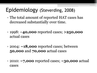 Epidemiology (Steverding, 2008)
• The total amount of reported HAT cases has
decreased substantially over time.
• 1998: ~40,000 reported cases; >250,000
actual cases
• 2004: ~18,000 reported cases; between
50,000 and 70,000 actual cases
• 2010: ~7,000 reported cases; ~30,000 actual
cases
 