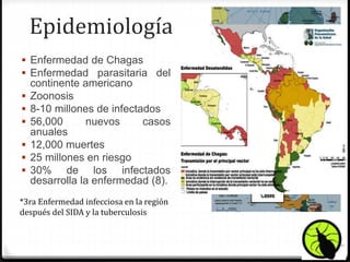  Enfermedad de Chagas
 Enfermedad parasitaria del
continente americano
 Zoonosis
 8-10 millones de infectados
 56,000 nuevos casos
anuales
 12,000 muertes
 25 millones en riesgo
 30% de los infectados
desarrolla la enfermedad (8).
*3ra Enfermedad infecciosa en la región
después del SIDA y la tuberculosis
Epidemiología
 