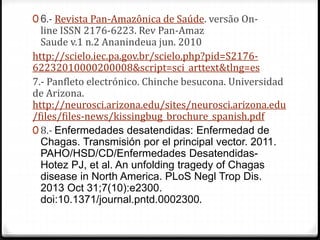0 6.- Revista Pan-Amazônica de Saúde. versão On-
line ISSN 2176-6223. Rev Pan-Amaz
Saude v.1 n.2 Ananindeua jun. 2010
http://scielo.iec.pa.gov.br/scielo.php?pid=S2176-
62232010000200008&script=sci_arttext&tlng=es
7.- Panfleto electrónico. Chinche besucona. Universidad
de Arizona.
http://neurosci.arizona.edu/sites/neurosci.arizona.edu
/files/files-news/kissingbug_brochure_spanish.pdf
0 8.- Enfermedades desatendidas: Enfermedad de
Chagas. Transmisión por el principal vector. 2011.
PAHO/HSD/CD/Enfermedades Desatendidas-
Hotez PJ, et al. An unfolding tragedy of Chagas
disease in North America. PLoS Negl Trop Dis.
2013 Oct 31;7(10):e2300.
doi:10.1371/journal.pntd.0002300.
 