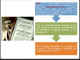 El Dr Chagas descubrio en un lapso de
2 años el ciclo biológico completo de
Trypanosoma Cruzi.(1)
Fue un descubrimiento peculiar en el
que antes de reconocer la enfermedad
se identifica el agente causal y su
transmisor.
1909.- El Dr Chagas publicó sus experiencias y
describió una nueva especie de tripanosoma a la
cual llama Schyzotrypanum cruzi ; el primer
vocablo porque pensó que el parásito se
reproducía como el causante del paludismo, por
esquizogonia, y el segundo vocablo, “cruzi”, en
honor a su maestro Osvaldo Cruz.
 