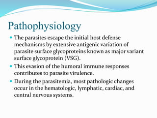 Pathophysiology
 The parasites escape the initial host defense
mechanisms by extensive antigenic variation of
parasite surface glycoproteins known as major variant
surface glycoprotein (VSG).
 This evasion of the humoral immune responses
contributes to parasite virulence.
 During the parasitemia, most pathologic changes
occur in the hematologic, lymphatic, cardiac, and
central nervous systems.
 
