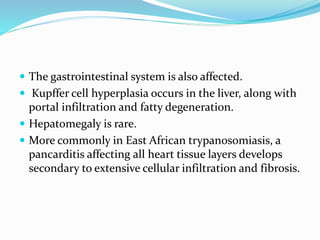  The gastrointestinal system is also affected.
 Kupffer cell hyperplasia occurs in the liver, along with
portal infiltration and fatty degeneration.
 Hepatomegaly is rare.
 More commonly in East African trypanosomiasis, a
pancarditis affecting all heart tissue layers develops
secondary to extensive cellular infiltration and fibrosis.
 
