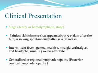 Clinical Presentation
 Stage 1 (early, or hemolymphatic, stage)
 Painless skin chancre that appears about 5-15 days after the
bite, resolving spontaneously after several weeks.
 Intermittent fever , general malaise, myalgia, arthralgias,
and headache, usually 3 weeks after bite.
 Generalized or regional lymphadenopathy (Posterior
cervical lymphadenopathy )
 