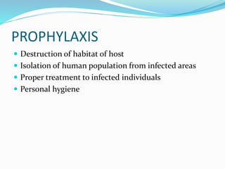 PROPHYLAXIS
 Destruction of habitat of host
 Isolation of human population from infected areas
 Proper treatment to infected individuals
 Personal hygiene
 