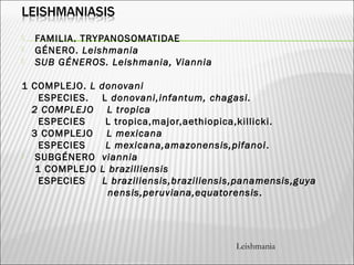  FAMILIA. TRYPANOSOMATIDAE
 GÉNERO. Leishmania
 SUB GÉNEROS. Leishmania, Viannia
1 COMPLEJO. L donovani
ESPECIES. L donovani,infantum, chagasi.
2 COMPLEJO L tropica
ESPECIES L tropica,major,aethiopica,killicki.
3 COMPLEJO L mexicana
ESPECIES L mexicana,amazonensis,pifanoi.
 SUBGÉNERO viannia
1 COMPLEJO L brazilliensis
ESPECIES L braziliensis,braziliensis,panamensis,guya
nensis,peruviana,equatorensis.
Leishmania
 