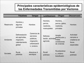 Principales características epidemiológicas de
las Enfermedades Transmitidas por Vectores
Hombre y
algunos
primates
Hombre
Hombre,
perros,
roedores,
marsupiales
Hombre,
perros, gatos,
roedores,
primates
HombreReservorio
Deforestación
act.agrícolas,
migración,
calentamiento
global
Carencia de
servicios
públicos,
migración,
urbanizació
n, turismo
Defores-
tación, actividad
agrícola
Amplia
distribución y
malas
condiciones
de vivienda
Actividad
cercana a
criaderos en
focos
especiales
Ambiente
Rural,
pobreza
Arbovirus 4
serotipos
Rural/
pobreza
Rural/pobrez
a, urbano-
transfusión
Rural/
pobreza
Sociales
Paludismo Dengue Leishmaniasis Chagas Oncocercosis
 