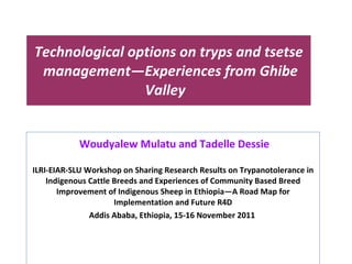 Technological options on tryps and tsetse  management—Experiences from Ghibe Valley  Woudyalew Mulatu and Tadelle Dessie ILRI-EIAR-SLU Workshop on Sharing Research Results on Trypanotolerance in Indigenous Cattle Breeds and Experiences of Community Based Breed Improvement of Indigenous Sheep in Ethiopia—A Road Map for Implementation and Future R4D Addis Ababa, Ethiopia, 15-16 November 2011   