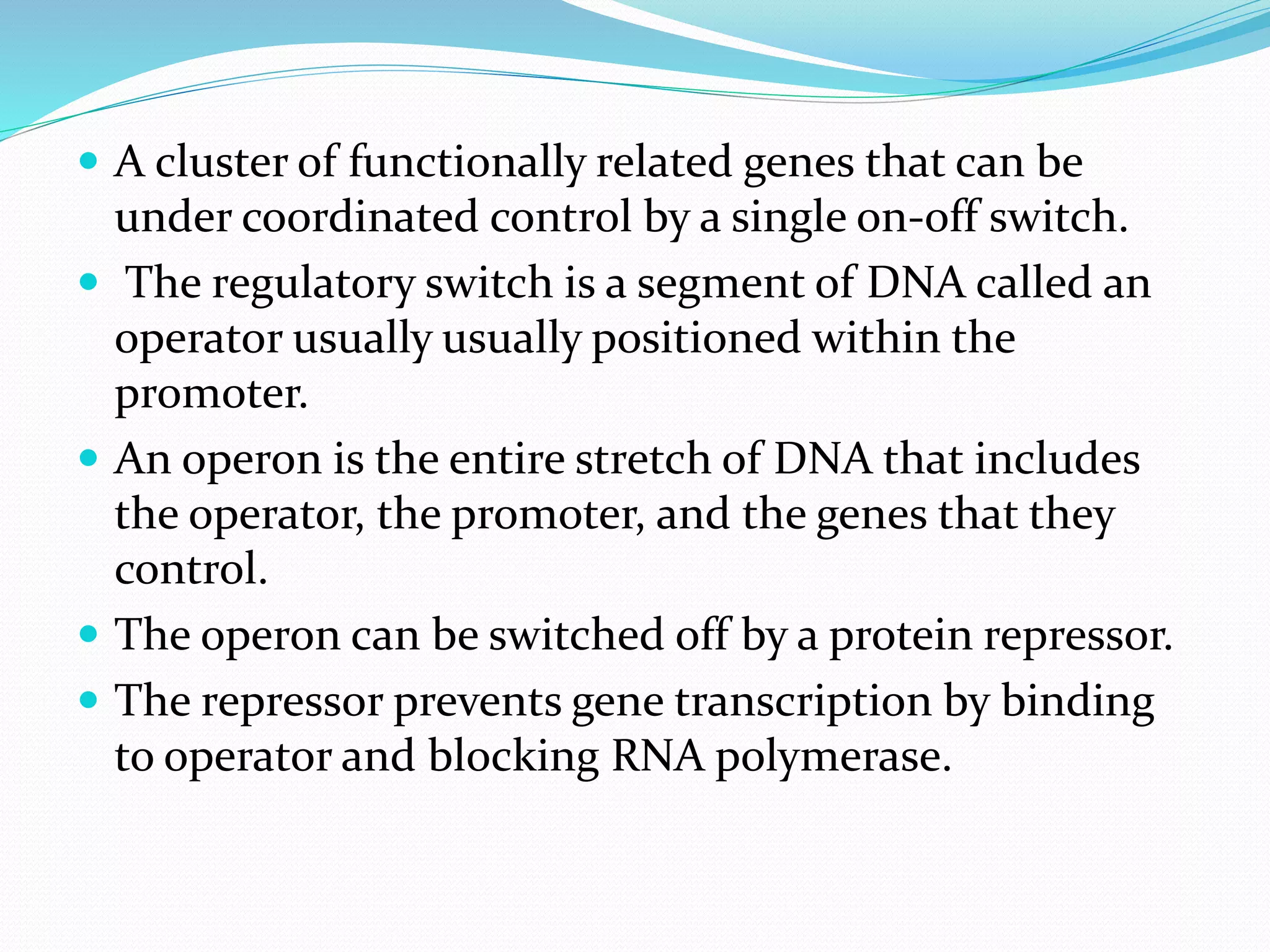  A cluster of functionally related genes that can be
under coordinated control by a single on-off switch.
 The regulatory switch is a segment of DNA called an
operator usually usually positioned within the
promoter.
 An operon is the entire stretch of DNA that includes
the operator, the promoter, and the genes that they
control.
 The operon can be switched off by a protein repressor.
 The repressor prevents gene transcription by binding
to operator and blocking RNA polymerase.
 