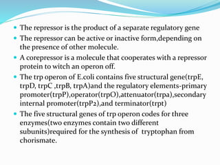  The repressor is the product of a separate regulatory gene
 The repressor can be active or inactive form,depending on
the presence of other molecule.
 A corepressor is a molecule that cooperates with a repressor
protein to witch an operon off.
 The trp operon of E.coli contains five structural gene(trpE,
trpD, trpC ,trpB, trpA)and the regulatory elements-primary
promoter(trpP),operator(trpO),attenuator(trpa),secondary
internal promoter(trpP2),and terminator(trpt)
 The five structural genes of trp operon codes for three
enzymes(two enzymes contain two different
subunits)required for the synthesis of tryptophan from
chorismate.
 