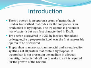 Introduction
 The trp operon is an operon a group of genes that is
used,or transcribed that codes for the components for
production of tryptophan. The trp operon is present in
many bacteria but was first characterized in E.coli.
 Trp operon discovered in 1953 by Jacques Monod and
colleagues,the trp operon in E.coli was the first repressible
operon to be discovered.
 Tryptophan is an aromatic amino acid, and is required for
synthesis of all protein that contain tryptophan. If
tryptophan is not present in the medium in adequat
quantity, the bacterial cell has to make it, as it is required
for the growth of the bacteria.
 