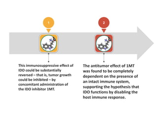 1 2
This immunosuppressive effect of
IDO could be substantially
reversed – that is, tumor growth
could be inhibited – by
concomitant administration of
the IDO inhibitor 1MT.
The antitumor effect of 1MT
was found to be completely
dependent on the presence of
an intact immune system,
supporting the hypothesis that
IDO functions by disabling the
host immune response.
 