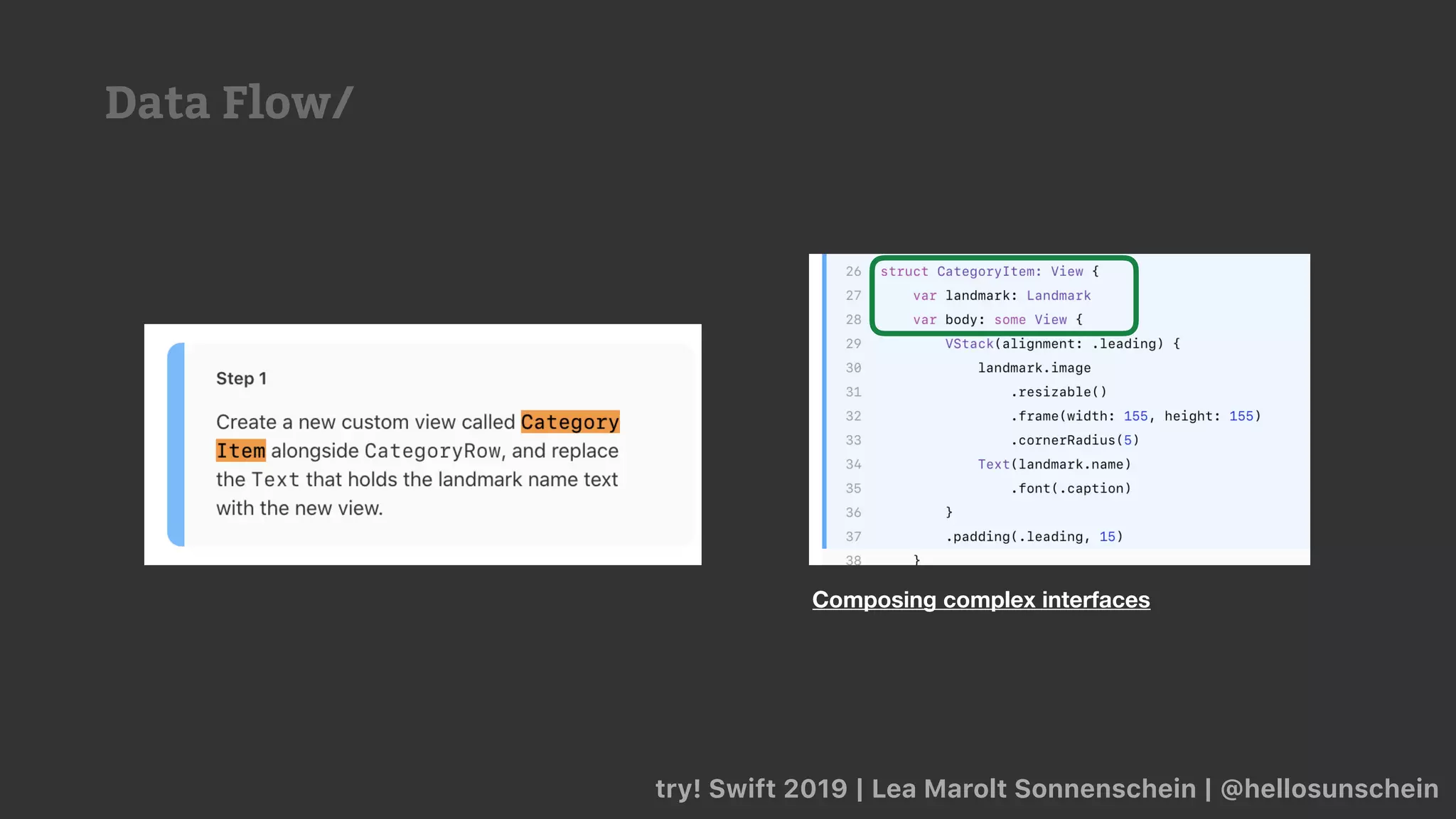 try! Swift 2019 | Lea Marolt Sonnenschein | @hellosunschein
Composing complex interfaces
Data Flow/
 