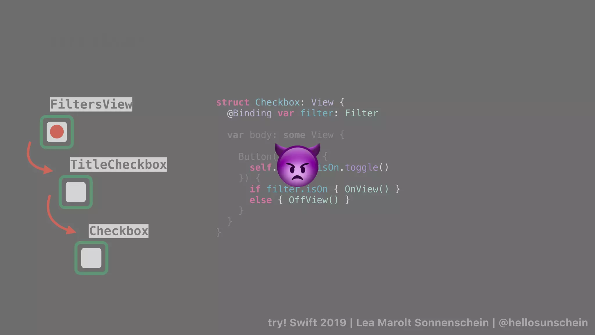 try! Swift 2019 | Lea Marolt Sonnenschein | @hellosunschein
struct Checkbox: View {
@Binding var filter: Filter
var body: some View {
Button(action: {
self.filter.isOn.toggle()
}) {
if filter.isOn { OnView() }
else { OffView() }
}
}
}
TitleCheckbox
Checkbox
FiltersView
👿
Data Flow/
 