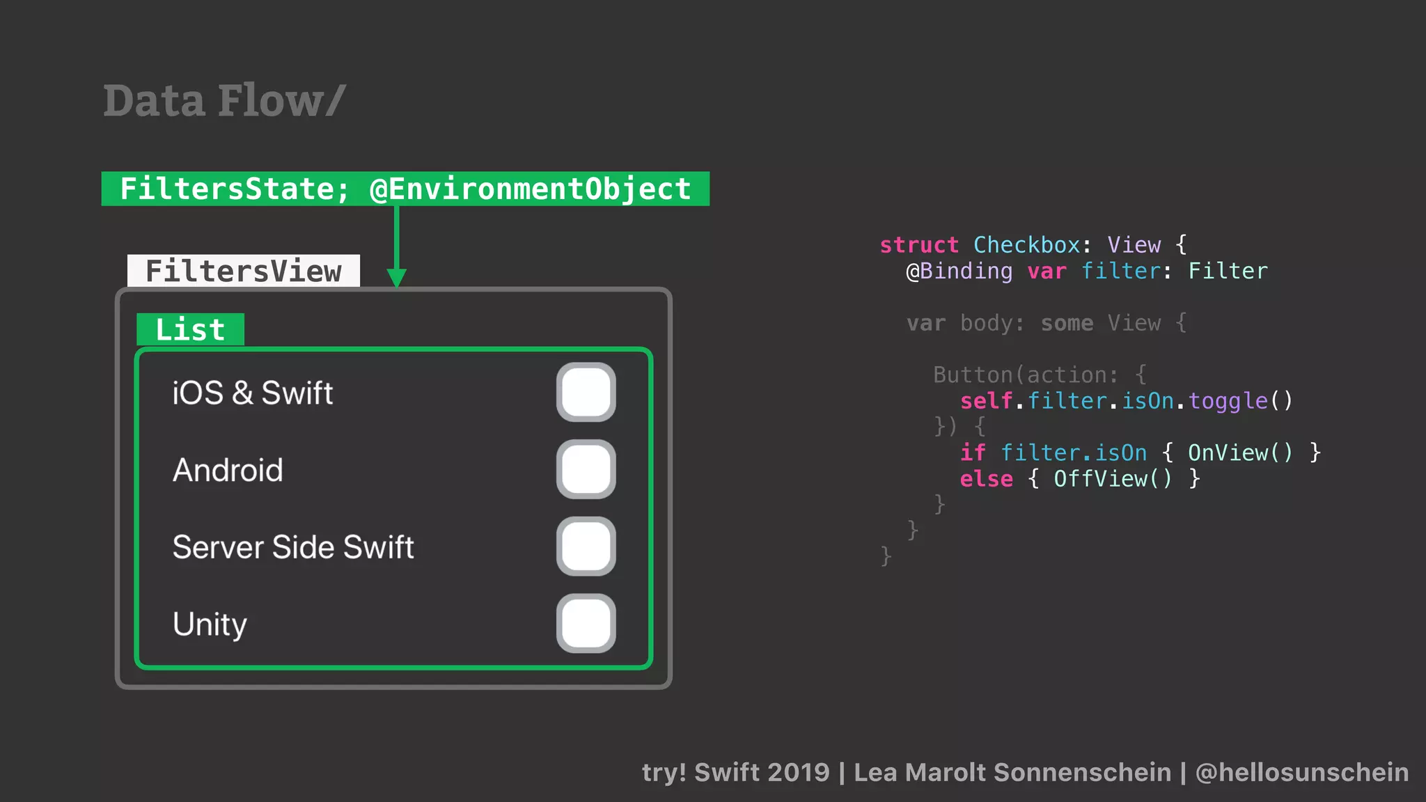 try! Swift 2019 | Lea Marolt Sonnenschein | @hellosunschein
List
FiltersView
FiltersState; @EnvironmentObject
struct Checkbox: View {
@Binding var filter: Filter
var body: some View {
Button(action: {
self.filter.isOn.toggle()
}) {
if filter.isOn { OnView() }
else { OffView() }
}
}
}
Data Flow/
 