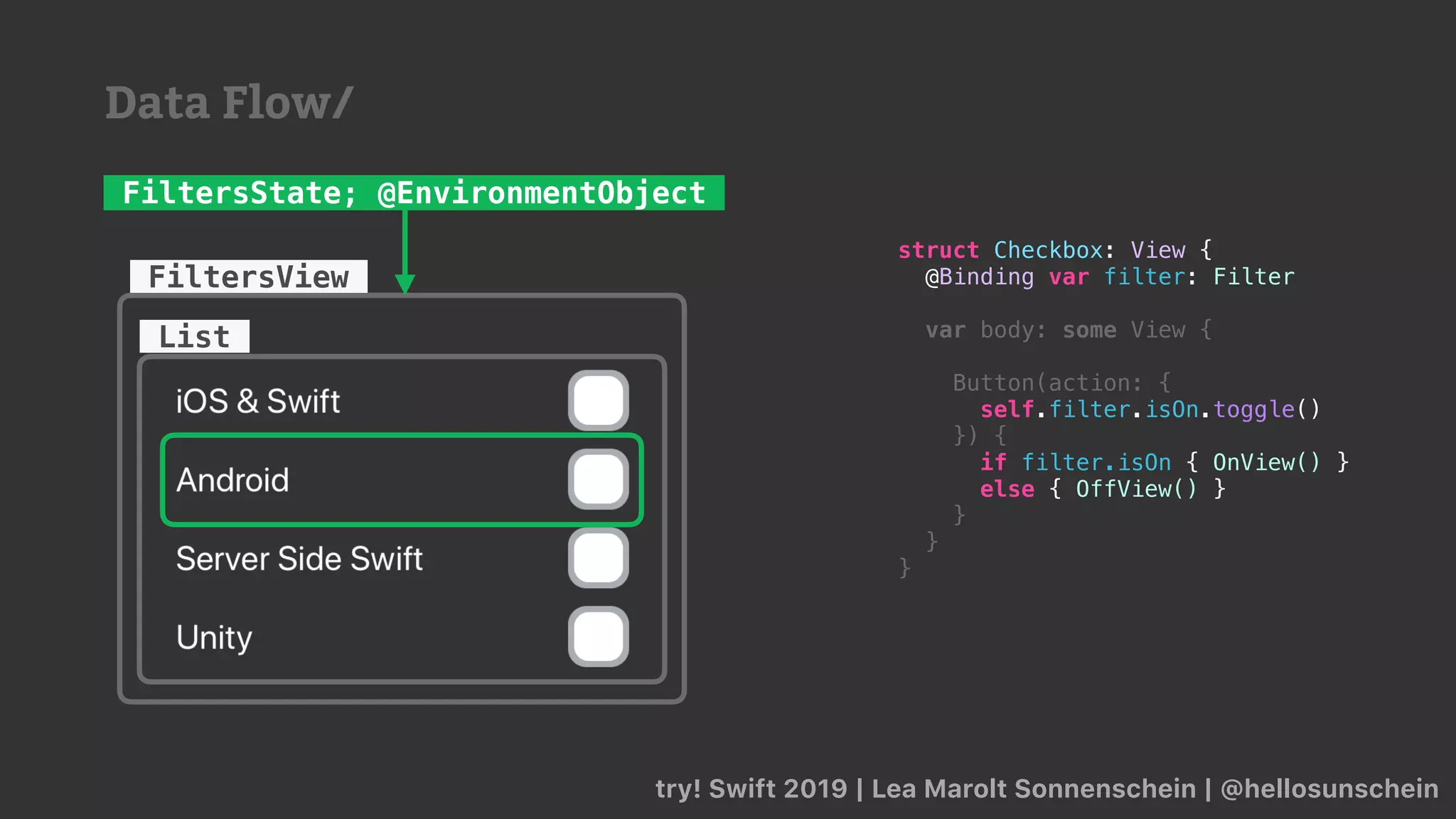 try! Swift 2019 | Lea Marolt Sonnenschein | @hellosunschein
List
FiltersView
FiltersState; @EnvironmentObject
struct Checkbox: View {
@Binding var filter: Filter
var body: some View {
Button(action: {
self.filter.isOn.toggle()
}) {
if filter.isOn { OnView() }
else { OffView() }
}
}
}
Data Flow/
 