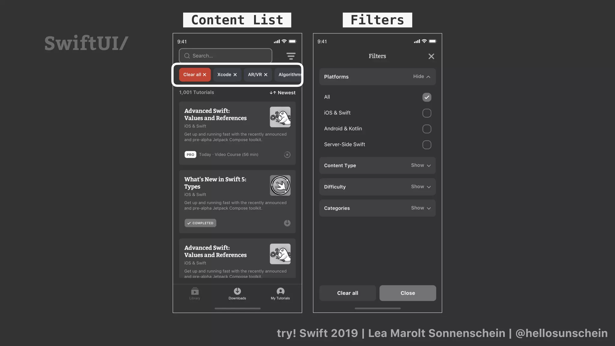 try! Swift 2019 | Lea Marolt Sonnenschein | @hellosunschein
Content List Filters
SwiftUI/
try! Swift 2019 | Lea Marolt Sonnenschein | @hellosunschein
 