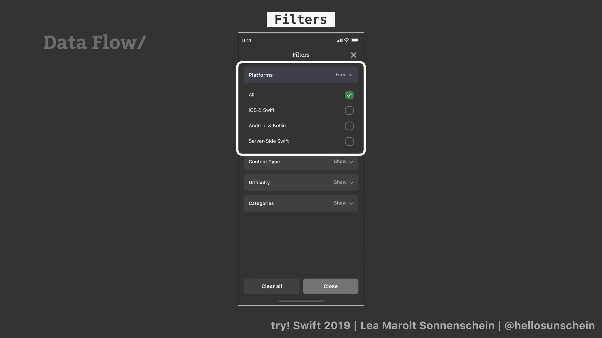 try! Swift 2019 | Lea Marolt Sonnenschein | @hellosunschein
Filters
Data Flow/
 