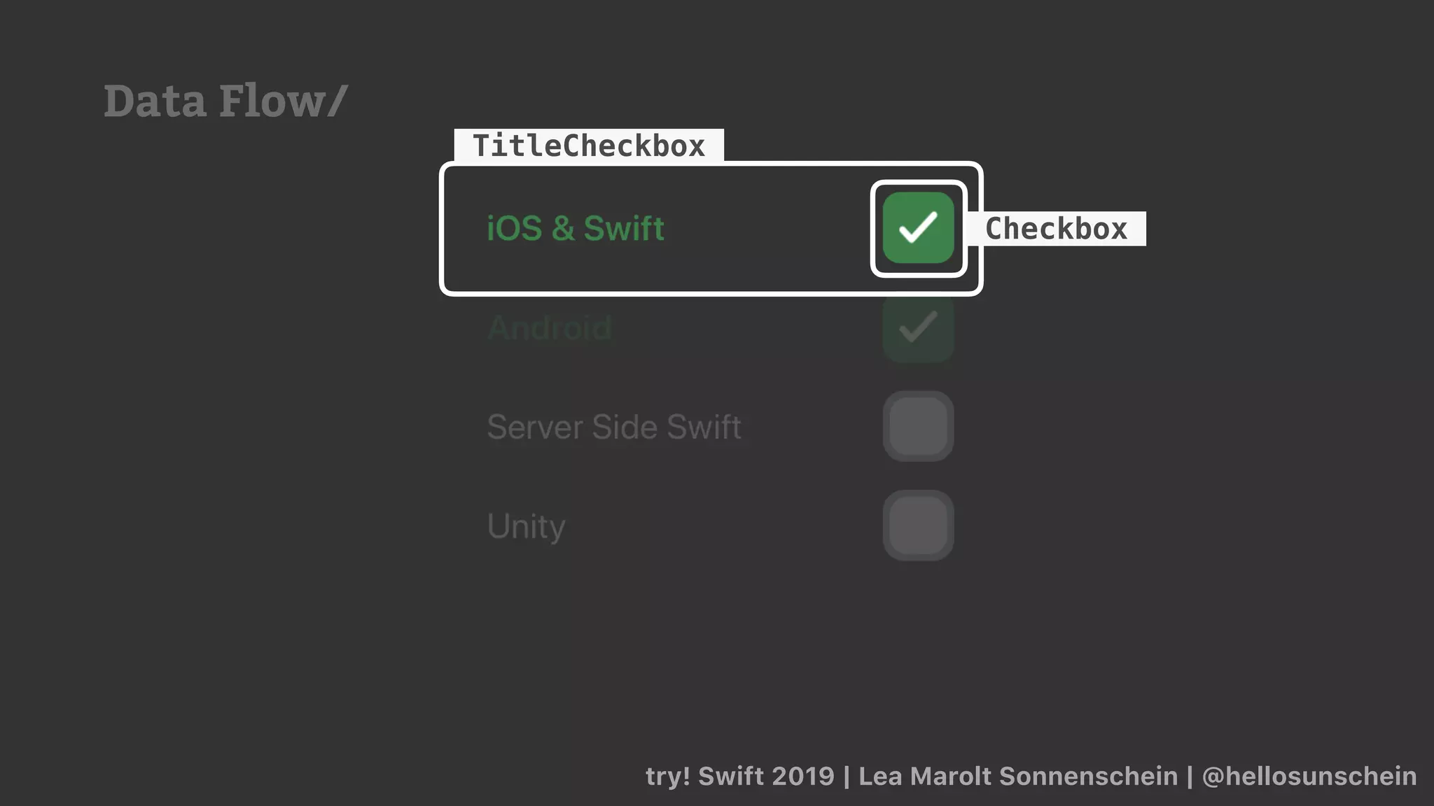 try! Swift 2019 | Lea Marolt Sonnenschein | @hellosunschein
TitleCheckbox
Checkbox
Data Flow/
 