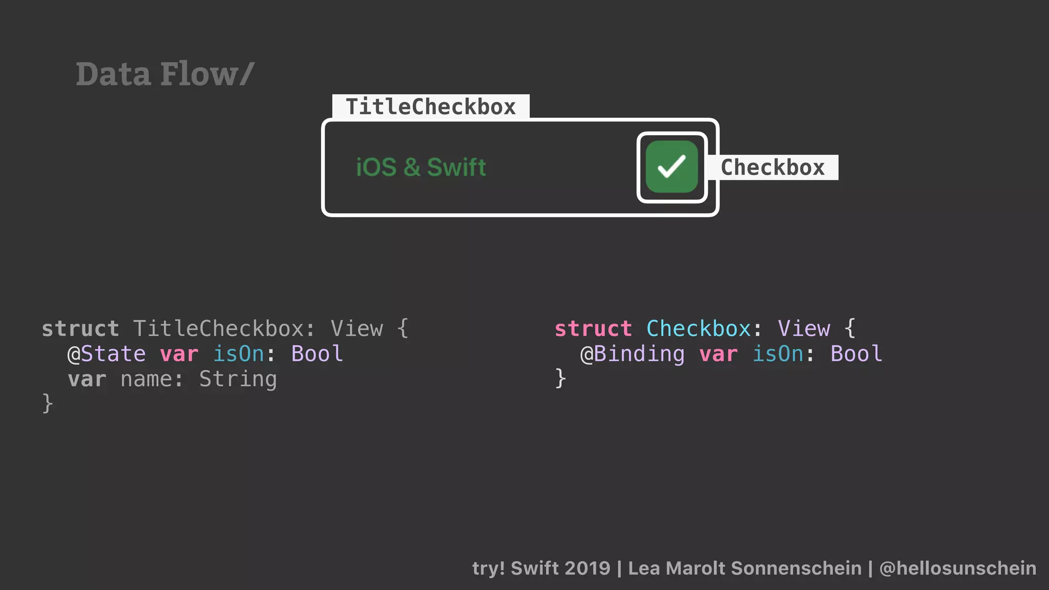 try! Swift 2019 | Lea Marolt Sonnenschein | @hellosunschein
TitleCheckbox
Checkbox
struct TitleCheckbox: View {
@State var isOn: Bool
var name: String
}
struct Checkbox: View {
@Binding var isOn: Bool
}
Data Flow/
 