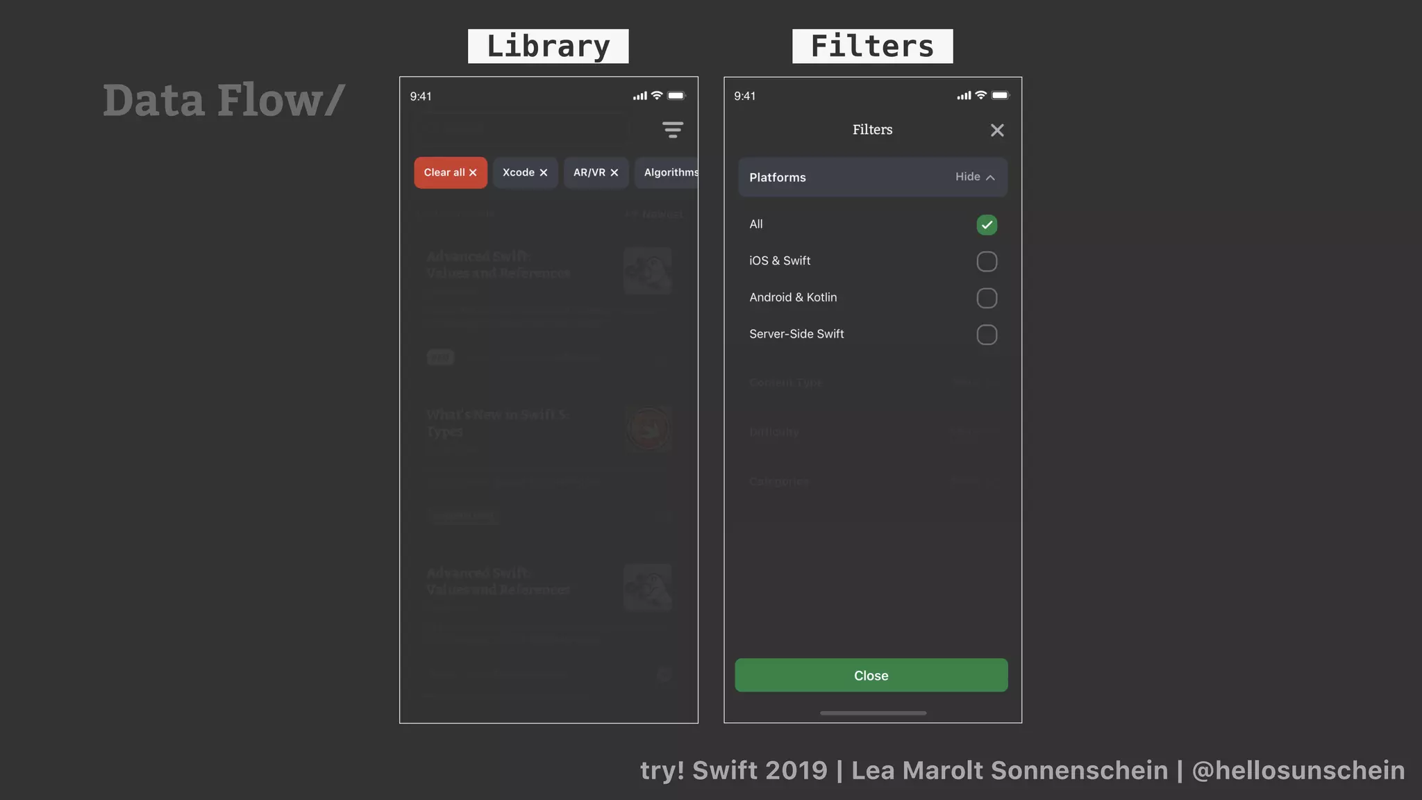 try! Swift 2019 | Lea Marolt Sonnenschein | @hellosunschein
Library Filters
Data Flow/
 