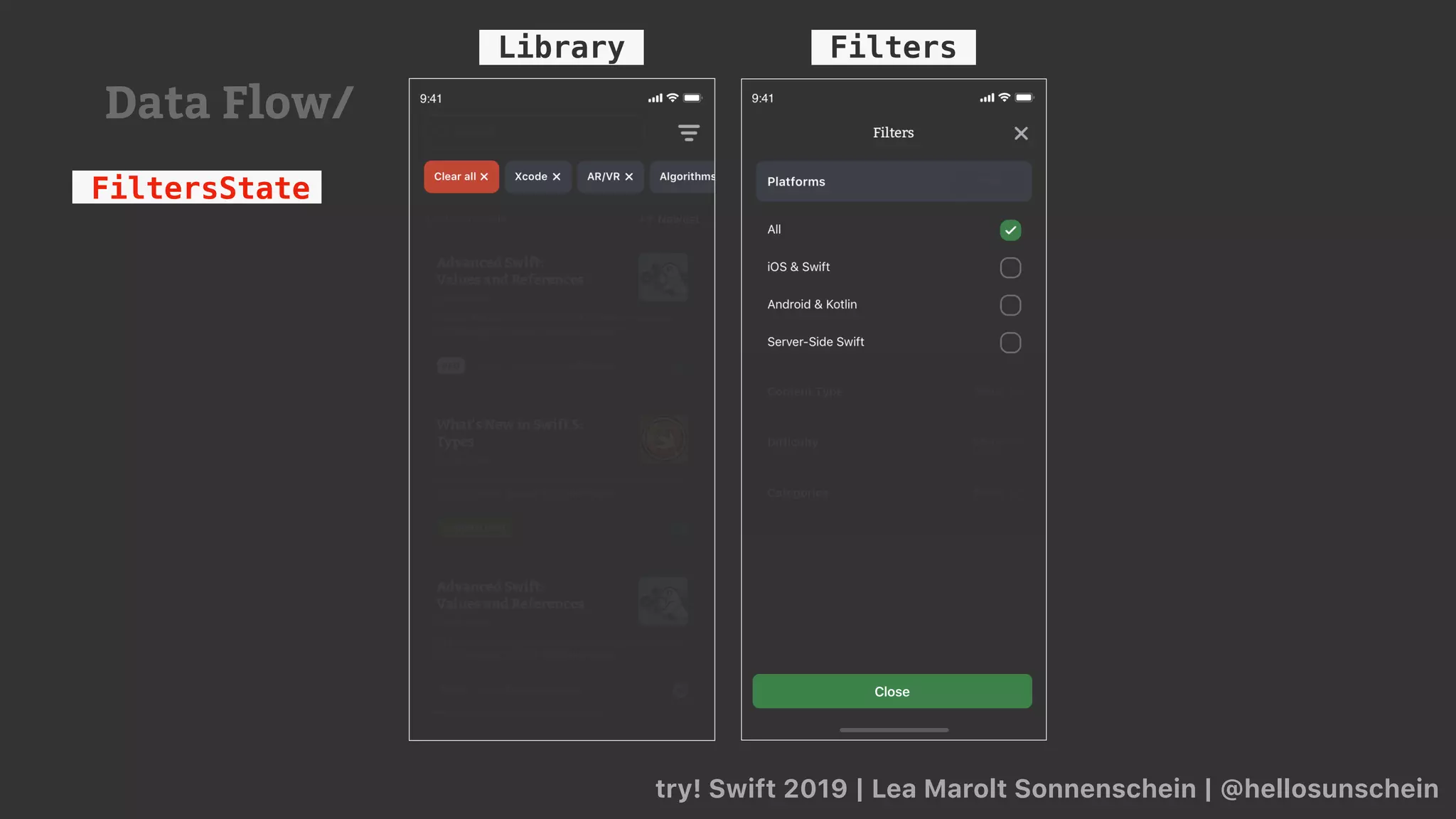 try! Swift 2019 | Lea Marolt Sonnenschein | @hellosunschein
Library Filters
FiltersState
Data Flow/
 