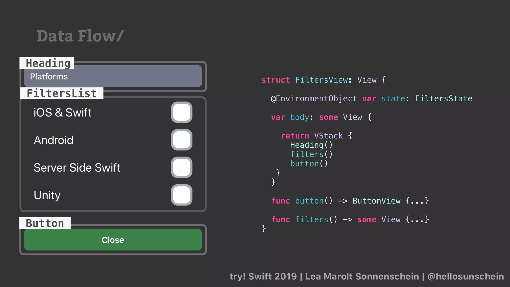 try! Swift 2019 | Lea Marolt Sonnenschein | @hellosunschein
struct FiltersView: View {
@EnvironmentObject var state: FiltersState
var body: some View {
return VStack {
Heading()
filters()
button()
}
}
func button() -> ButtonView {...}
func filters() -> some View {...}
}
Heading
FiltersList
Button
Data Flow/
 